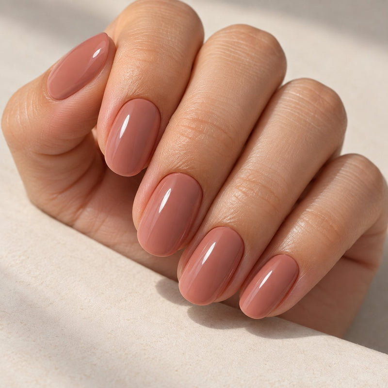 Mano con extensiones de forma oval, en nude rosado de tono terracota, con acabado brillante.