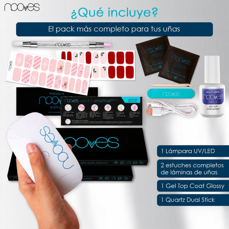 Contenido del kit Christmas Kiss y Silent Snow: dos estuches de láminas, lámpara estándar, top coat, Quartz Dual Stick y accesorios, presentado en una infografía.