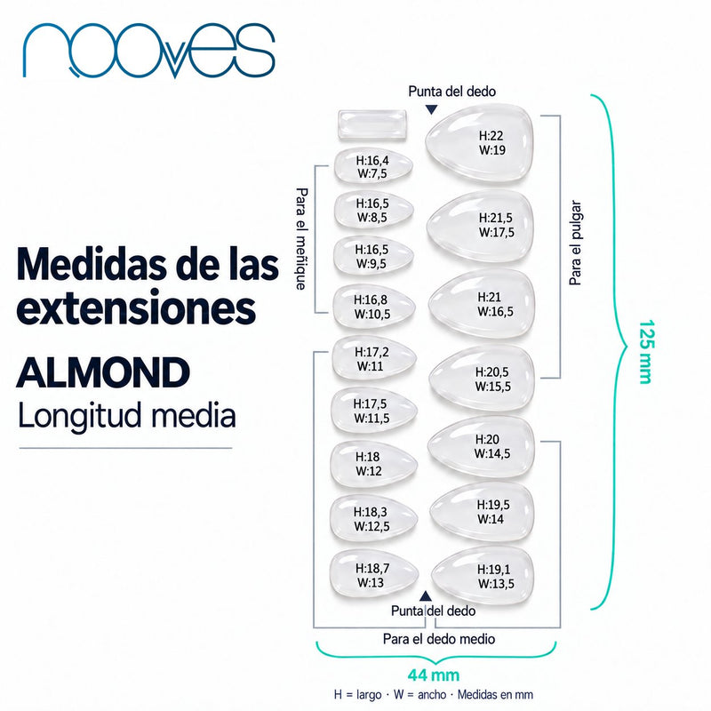 Diagrama de extensiones de forma almond con sus medidas.
