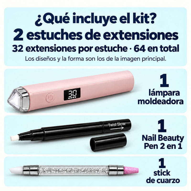 Composición con dos estuches de extensiones, una lámpara rosa, un bolígrafo negro y un stick de doble punta.