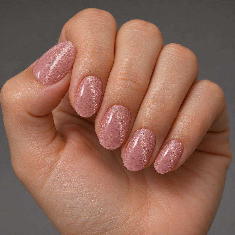 Mano con extensiones de forma oval, en rosa claro con efecto ojo de gato, con acabado brillante.
