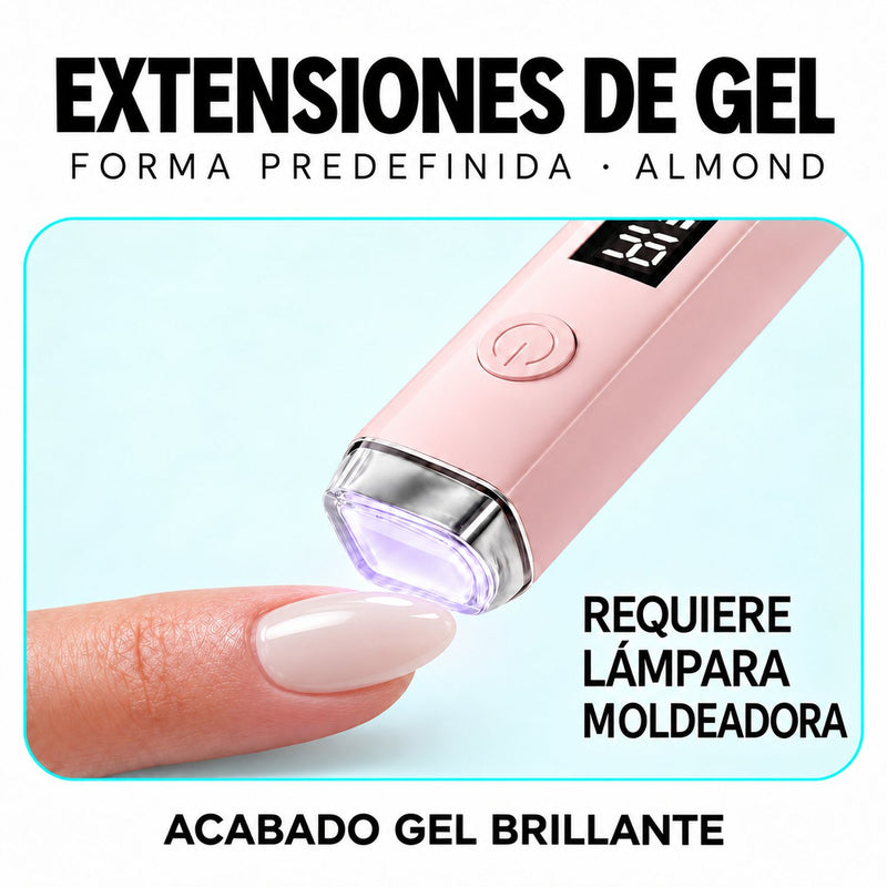 Extensión de forma almond sobre una uña junto a una lámpara rosa con luz violeta.