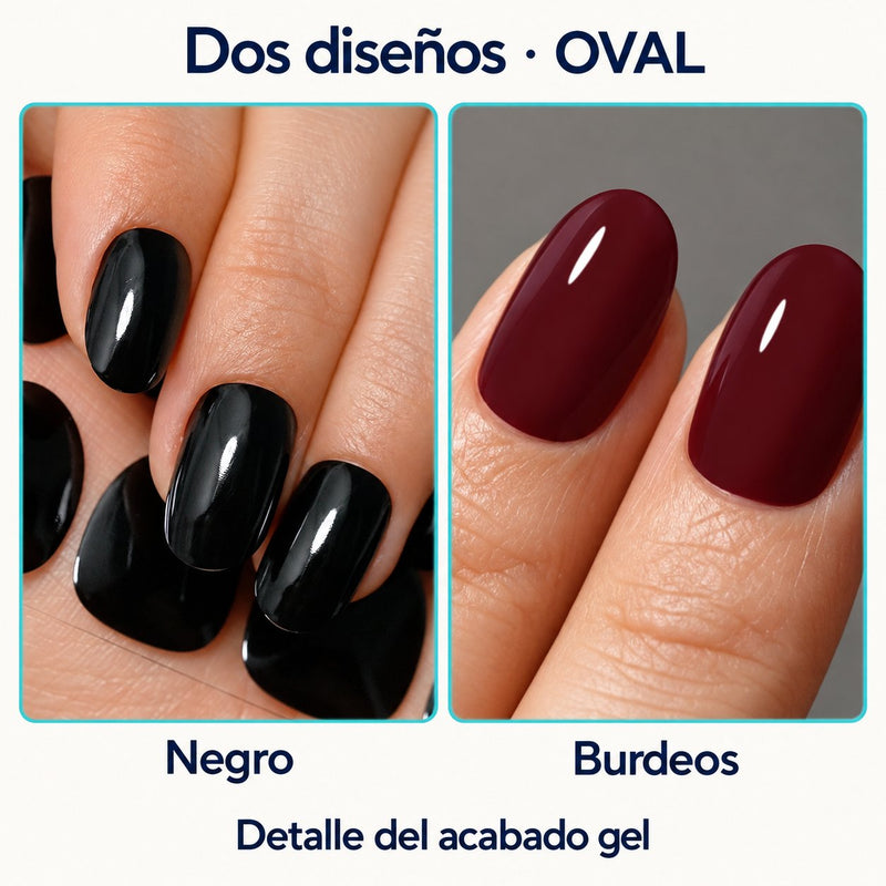 Detalle de uñas de forma oval, en negro y granate oscuro, con acabado brillante.