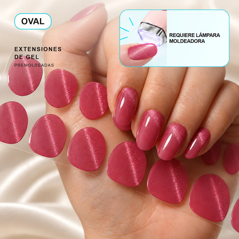 Extensiones de gel NOOVES Mystic Rose, forma oval, mano y tira sobre satén