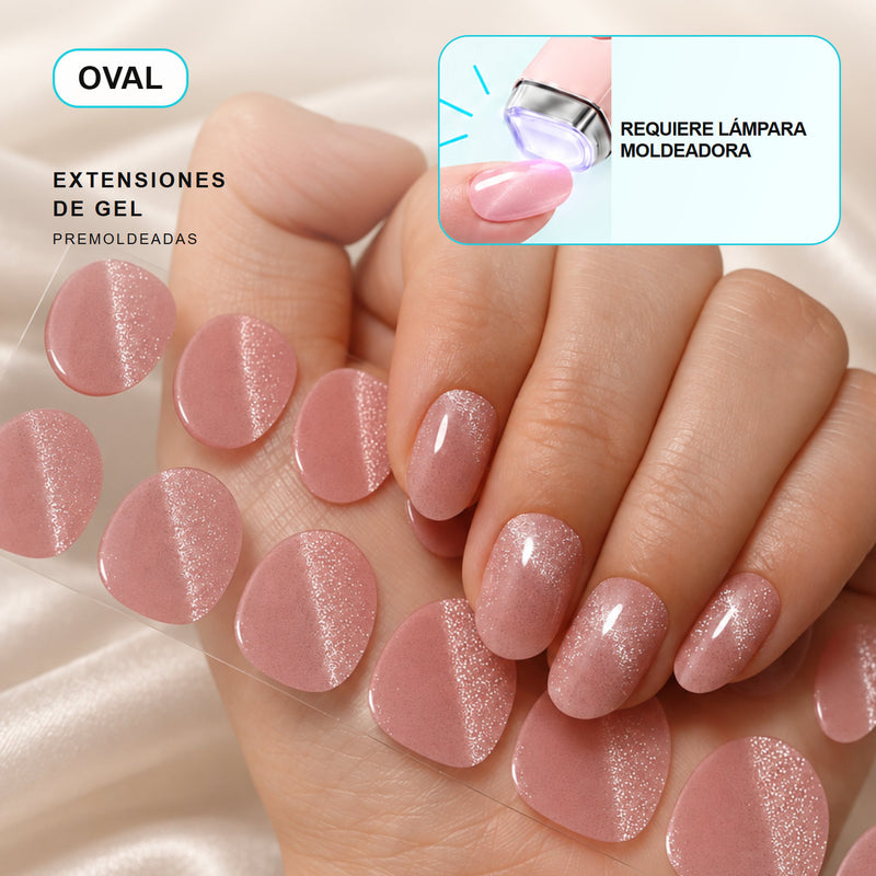Extensiones de gel NOOVES Fairy Dust, forma oval, mano y tira sobre satén