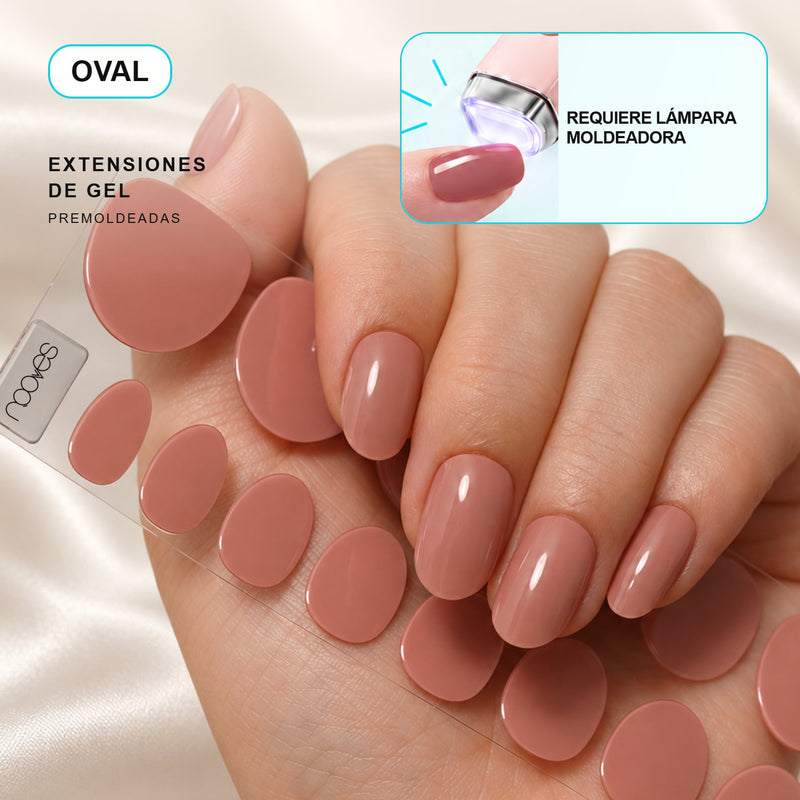 Extensiones de gel NOOVES Vintage Rose, forma oval, mano y tira sobre satén