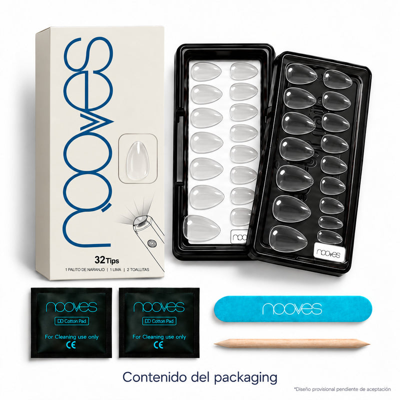 Extensiones de gel NOOVES Crystal Clear, forma almond, caja y contenido