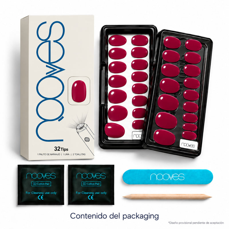 Extensiones de gel NOOVES Fuchsia Night, forma oval, caja y contenido