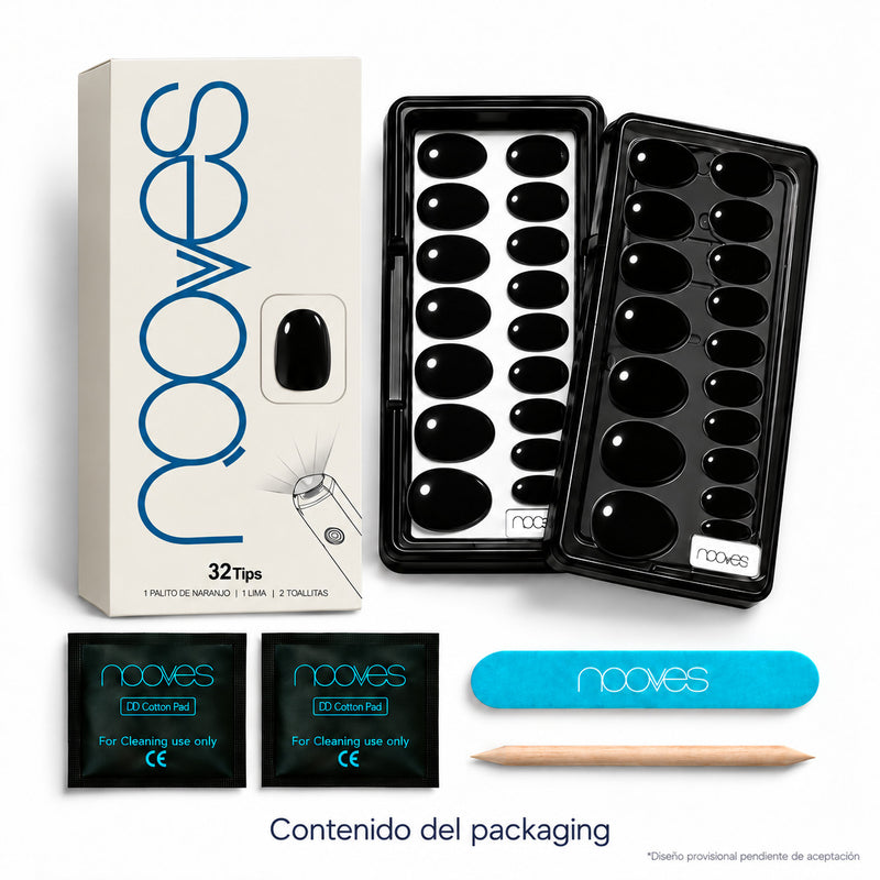 Extensiones de gel NOOVES Obsidian Night, forma oval, caja y contenido