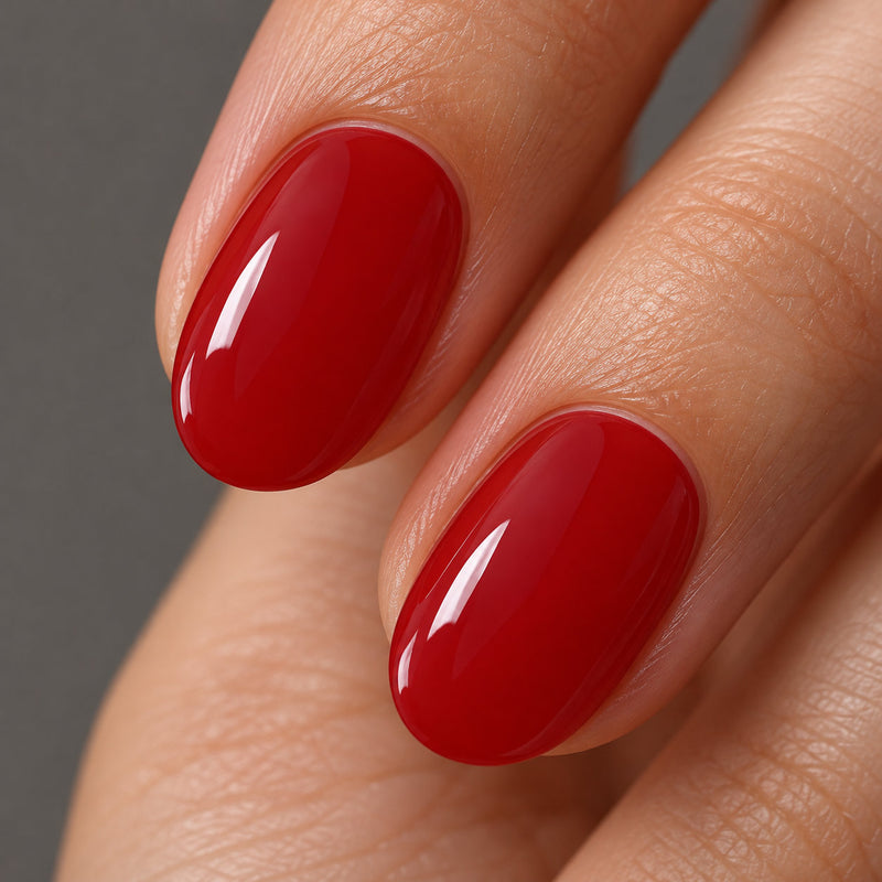 Extensiones de gel NOOVES Crimson Love, forma oval, imagen lifestyle