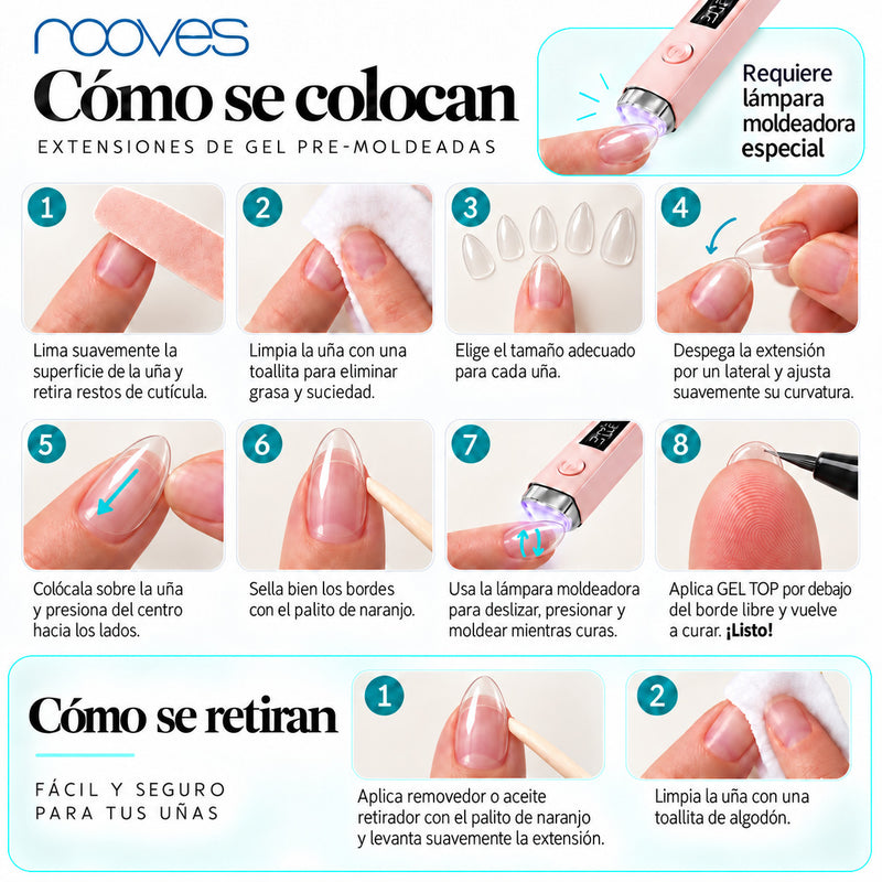 Extensiones de gel NOOVES Crystal Clear, forma almond, cómo se colocan y se retiran