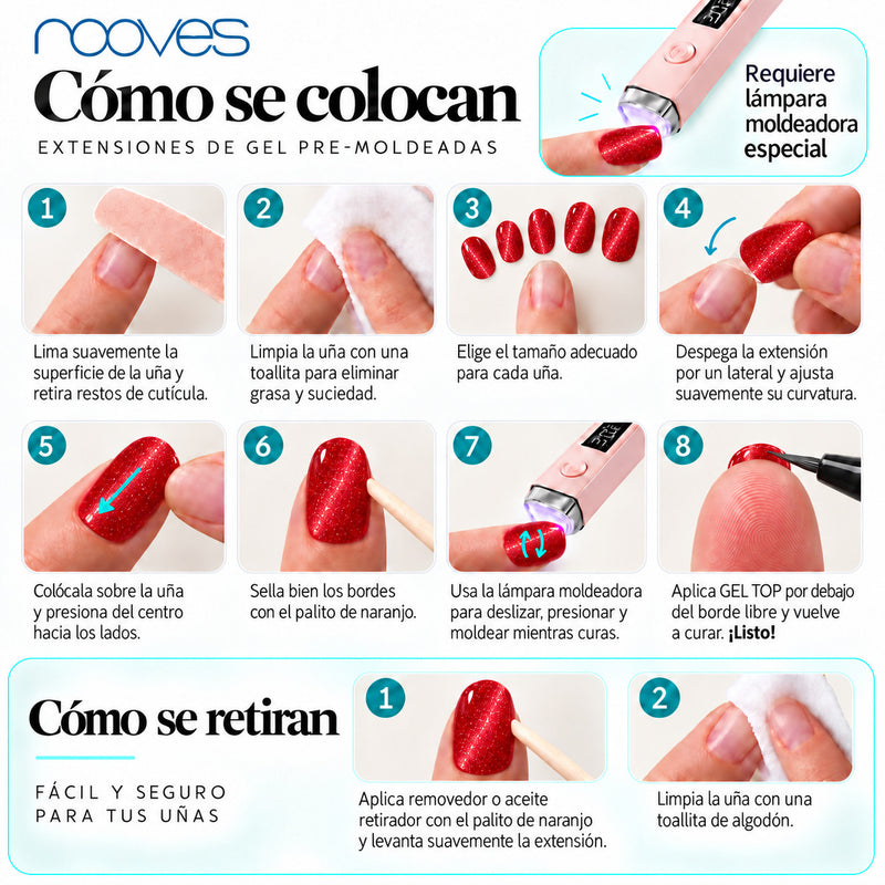 Extensiones de gel NOOVES Spicy Ruby, forma oval, cómo se colocan y se retiran