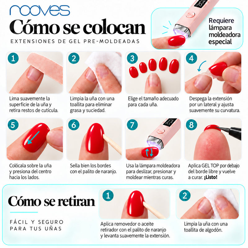Extensiones de gel NOOVES Crimson Love, forma oval, cómo se colocan y se retiran