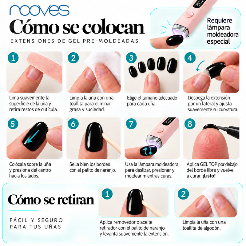 Extensiones de gel NOOVES Obsidian Night, forma oval, cómo se colocan y se retiran