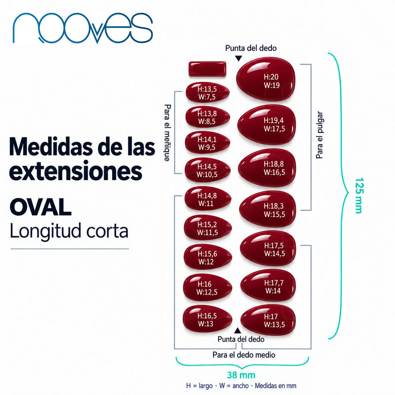Extensiones de gel NOOVES Cherry Noir, forma oval, guía de medidas
