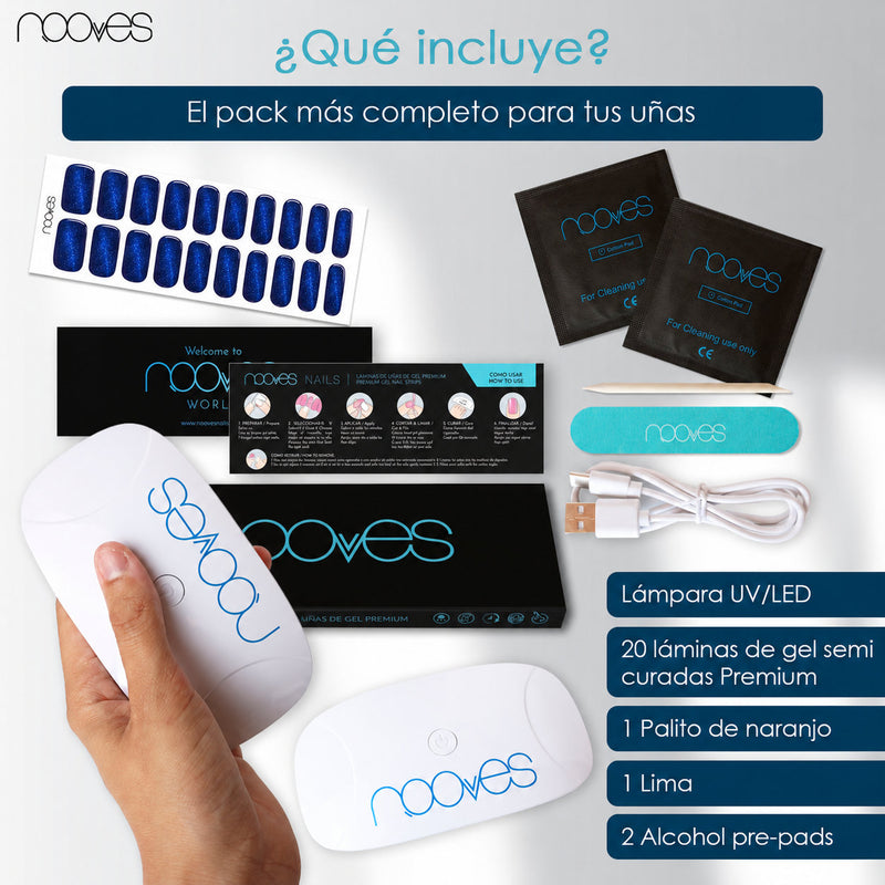 Diseño de uñas Pack Lámina de uñas de gel Premium precurado Nooves Diseños Cat Eye + Lámpara uñas UV/LED PORTÁTIL 8w - Veganas, Cruelty-Free y Hema-Free