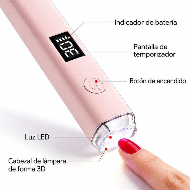 Detalle de la lámpara de moldeado con temporizador, botón de encendido y cabezal con luz LED señalados