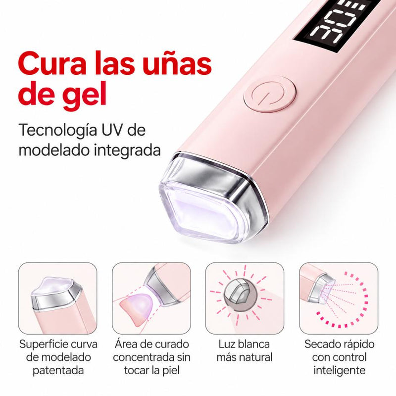 Lámpara de moldeado rosa con la luz del cabezal encendida y cuatro iconos de sus funciones