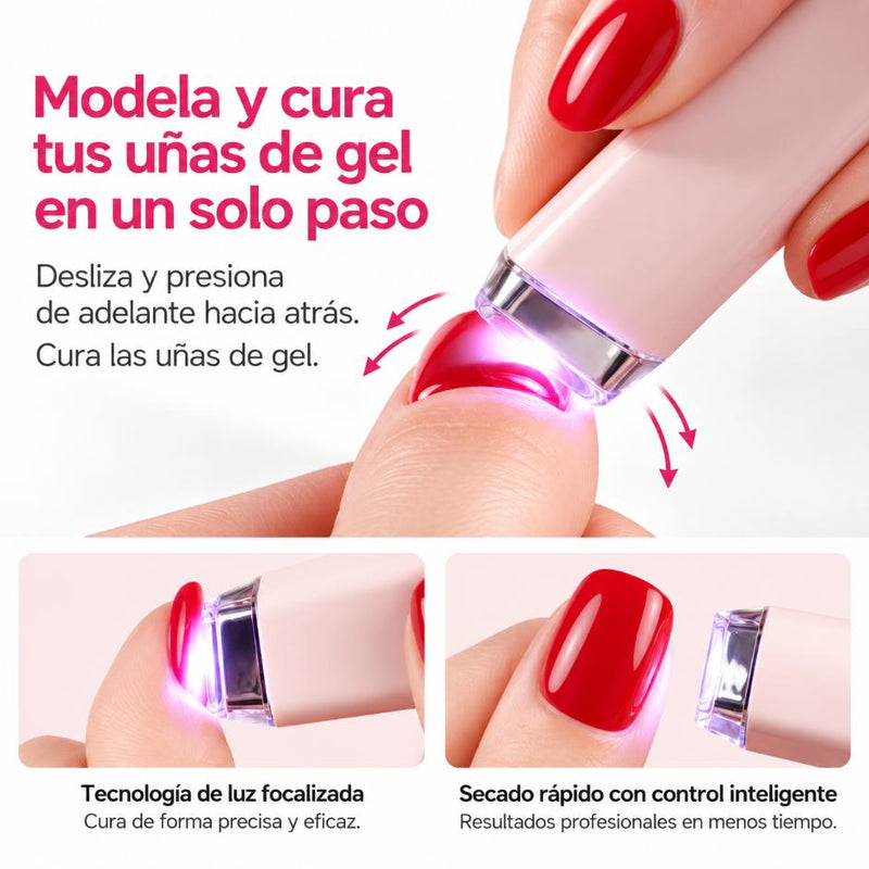 Lámpara de moldeado deslizándose sobre una uña roja para curar el gel