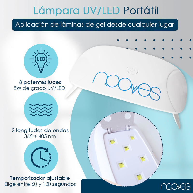Resultado Manicura en casa con Pack Lámina de uñas de gel Premium precurado Nooves Nails Colores Sólidos + Lámpara uñas UV/LED PORTÁTIL 8w - Acabado Natural