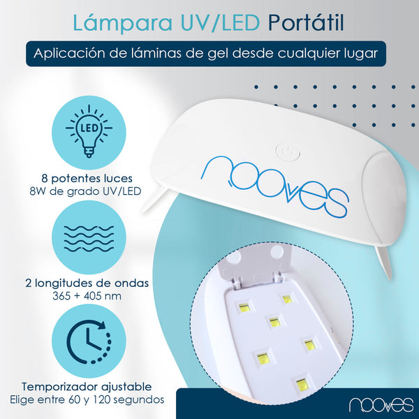 Kit de Unhas de Gel Pré-Curadas Premium Nooves com Desenhos Artísticos + Lâmpada UV/LED Portátil de 8W