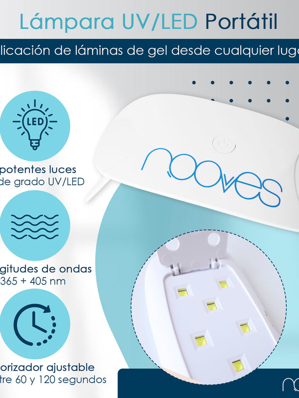 Nooves Premium Pre-Cured Gel Nail Sheet Pack with Art Design Designs + Portable 8w UV/LED Nail Lamp