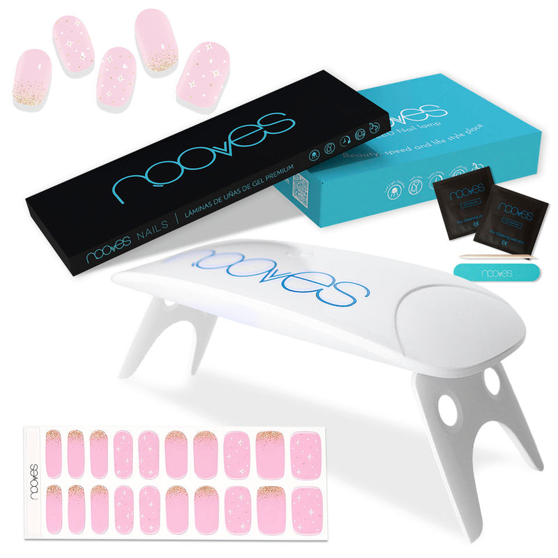 Nooves Premium Pre-Cured Gel Nail Sheet Pack with Art Design Designs + Portable 8w UV/LED Nail Lamp