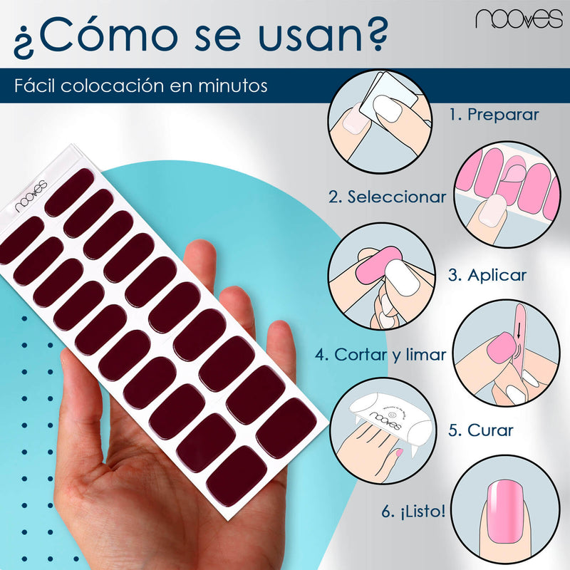 Kit de uñas de gel Láminas de Gel - Red Wine - Nooves Nails - Fácil aplicación sin torno