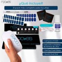 Contenido del kit Deep Navy y Cat Navy: dos estuches de láminas, lámpara estándar, top coat, Quartz Dual Stick y accesorios, presentado en una infografía.