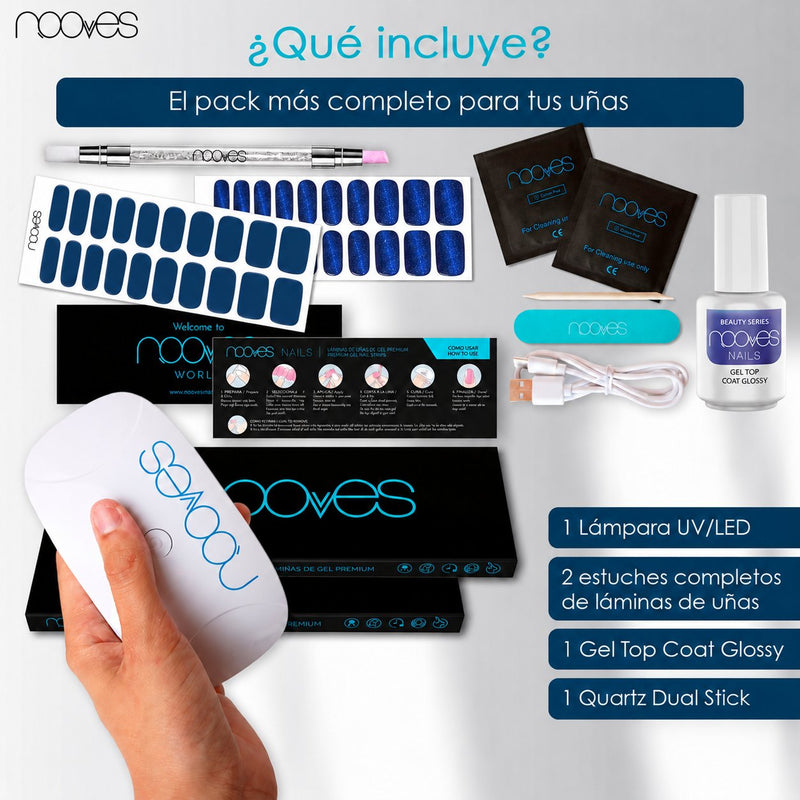 Contenido del kit Deep Navy y Cat Navy: dos estuches de láminas, lámpara estándar, top coat, Quartz Dual Stick y accesorios, presentado en una infografía.