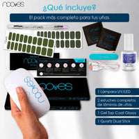 Contenido del kit Olive Muse y Olive Night: dos estuches de láminas, lámpara estándar, top coat, Quartz Dual Stick y accesorios, presentado en una infografía.