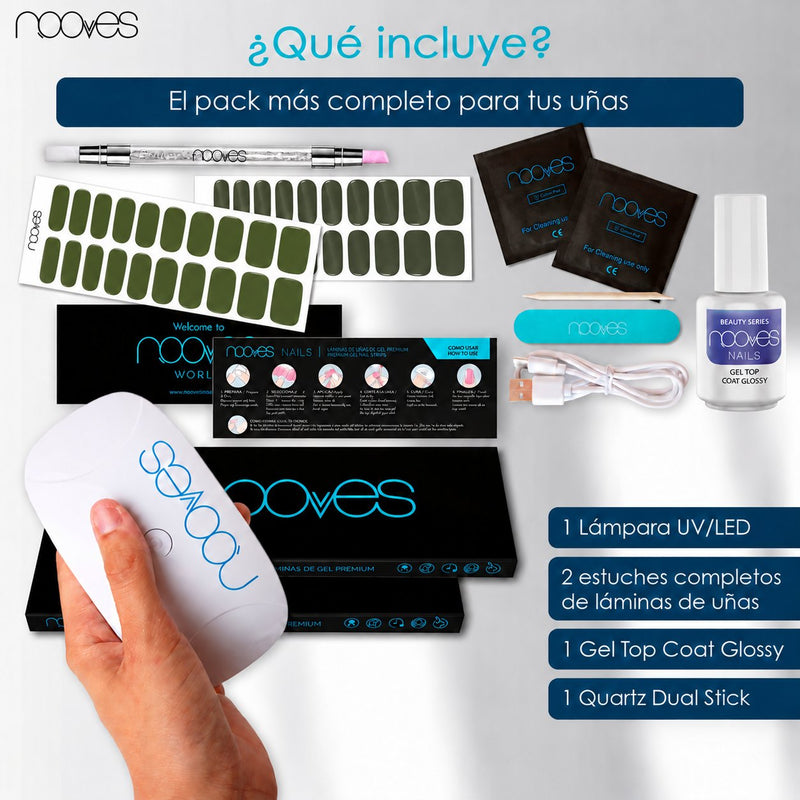 Contenido del kit Olive Muse y Olive Night: dos estuches de láminas, lámpara estándar, top coat, Quartz Dual Stick y accesorios, presentado en una infografía.