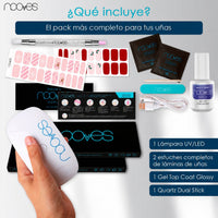 Contenido del kit Christmas Kiss y Silent Snow: dos estuches de láminas, lámpara estándar, top coat, Quartz Dual Stick y accesorios, presentado en una infografía.