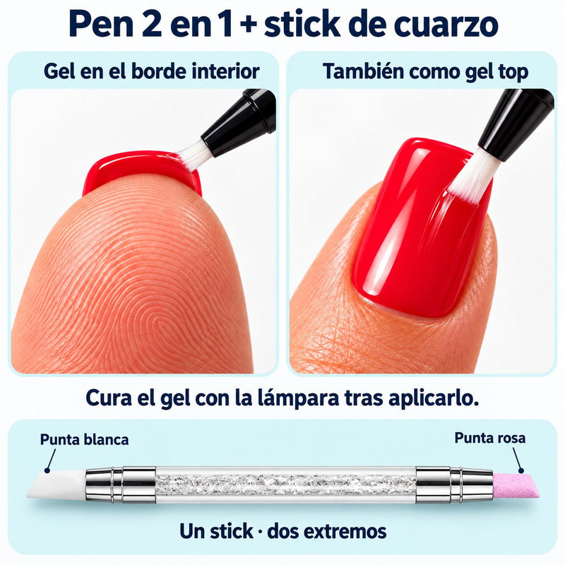 Bolígrafo negro y stick transparente con extremos blanco y rosa, con indicaciones de uso.