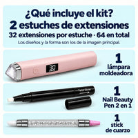 Composición con dos estuches de extensiones, una lámpara rosa, un bolígrafo negro y un stick de doble punta.