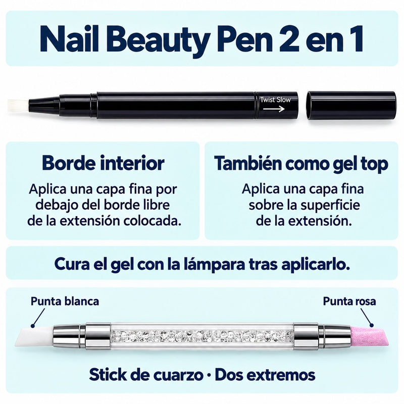 Bolígrafo negro y stick transparente con extremos blanco y rosa, con indicaciones de uso.