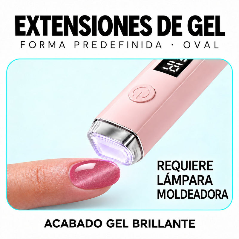 Extensión de forma oval sobre una uña junto a una lámpara rosa con luz violeta.