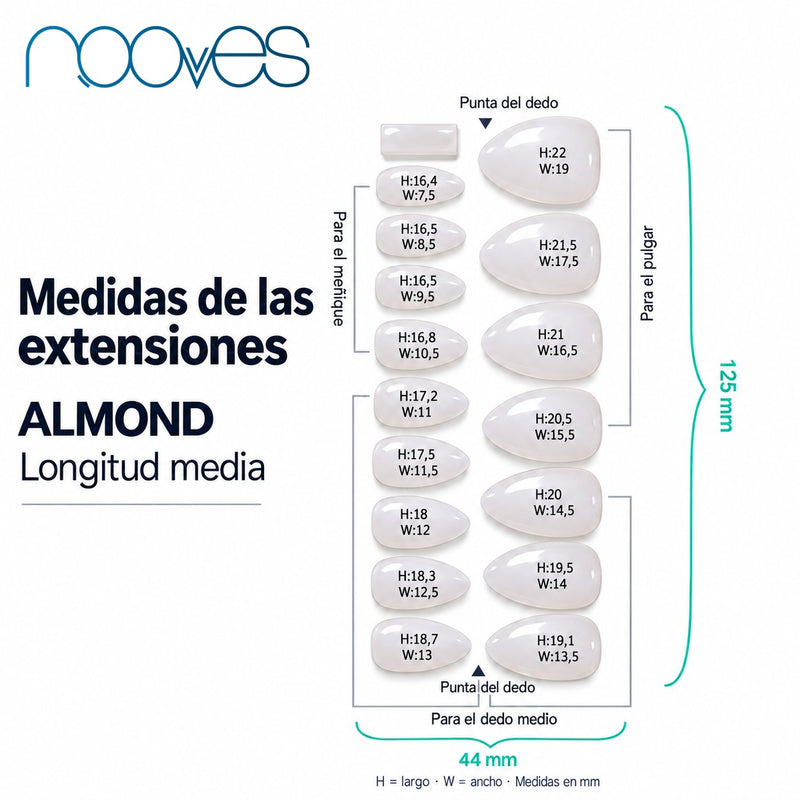 Diagrama de extensiones de forma almond con sus medidas.