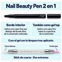 Bolígrafo negro y stick transparente con extremos blanco y rosa, con indicaciones de uso.