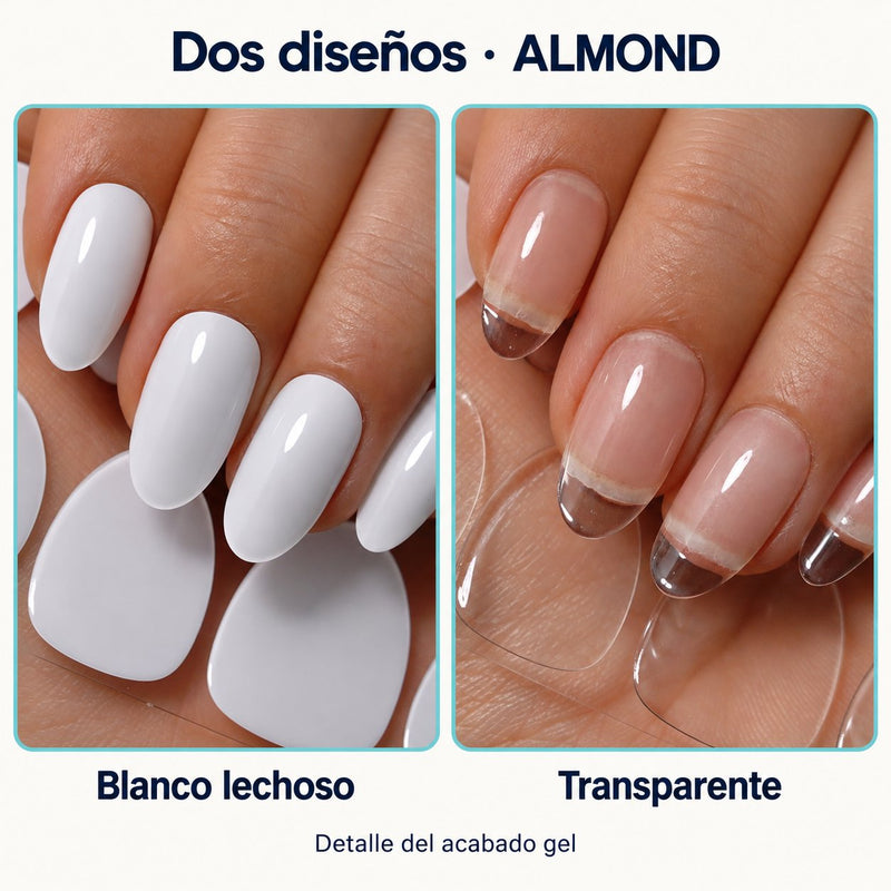 Detalle de uñas de forma almond, en blanco lechoso y transparente, con acabado brillante.