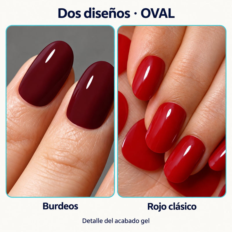 Detalle de uñas de forma oval, en granate oscuro y rojo, con acabado brillante.