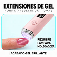 Extensión de forma oval sobre una uña junto a una lámpara rosa con luz violeta.