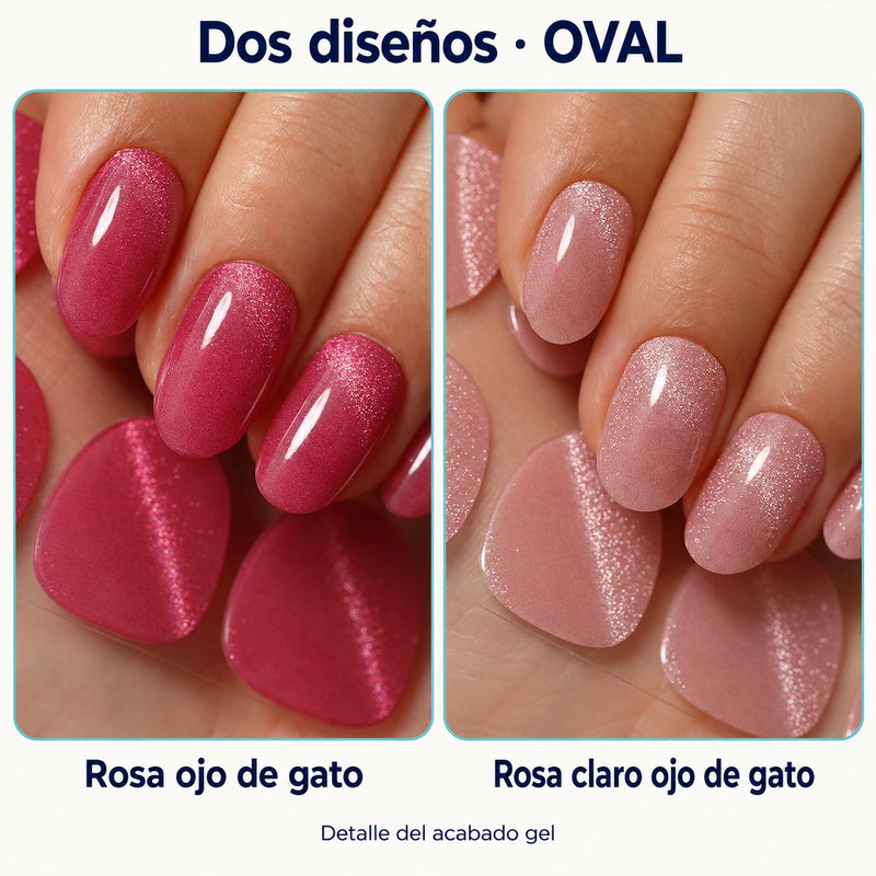 Detalle de uñas de forma oval, en rosa con efecto ojo de gato y rosa claro con efecto ojo de gato, con acabado brillante.