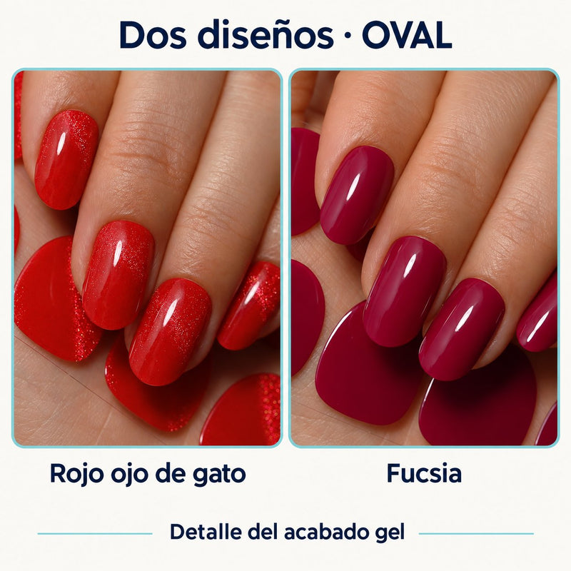 Detalle de uñas de forma oval, en rojo con efecto ojo de gato y fucsia, con acabado brillante.
