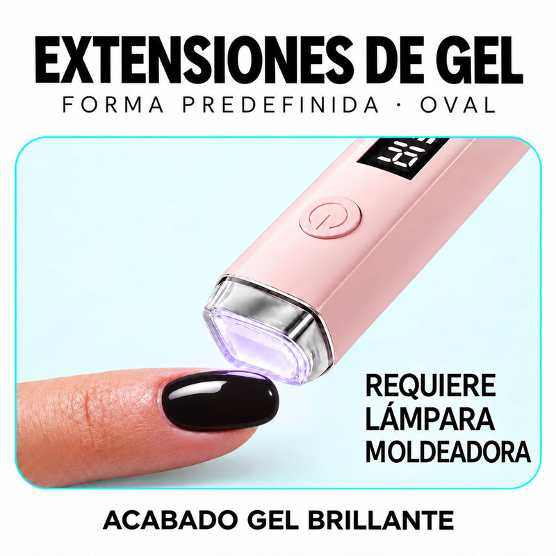 Extensión de forma oval sobre una uña junto a una lámpara rosa con luz violeta.