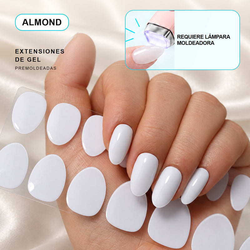 Extensiones de gel NOOVES Pure Canvas, forma almond, mano y tira sobre satén