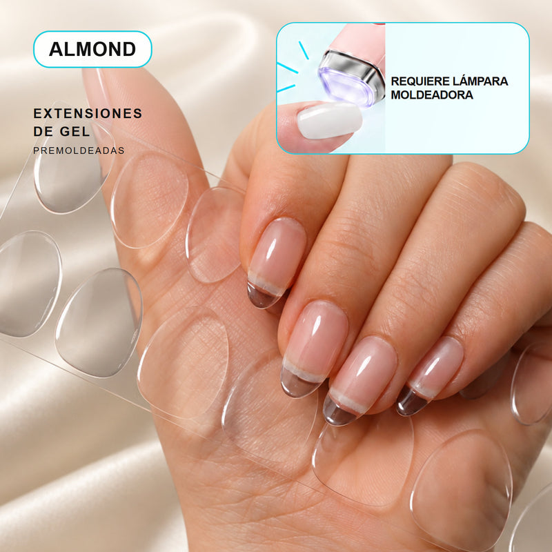 Extensiones de gel NOOVES Crystal Clear, forma almond, mano y tira sobre satén