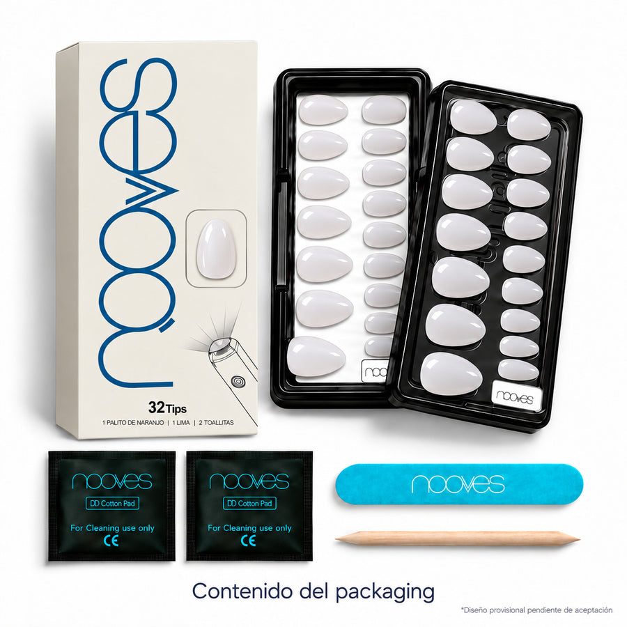 Caja de Extensiones de Gel NOOVES con su contenido: piezas en distintos tamaños, toallitas, palito de naranjo y mini lima