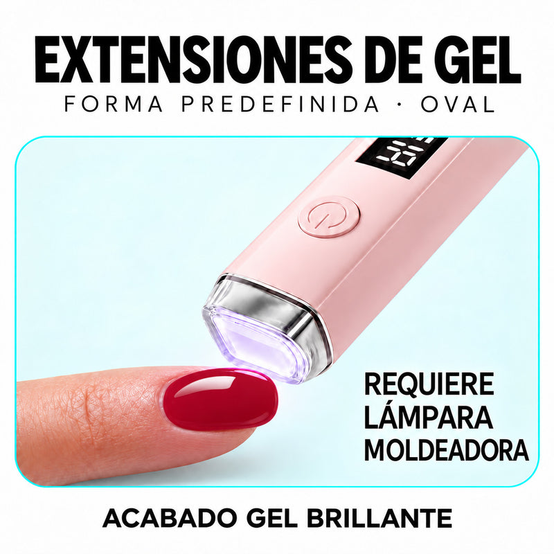 Extensiones de gel NOOVES Crimson Love, forma oval, lámpara moldeadora