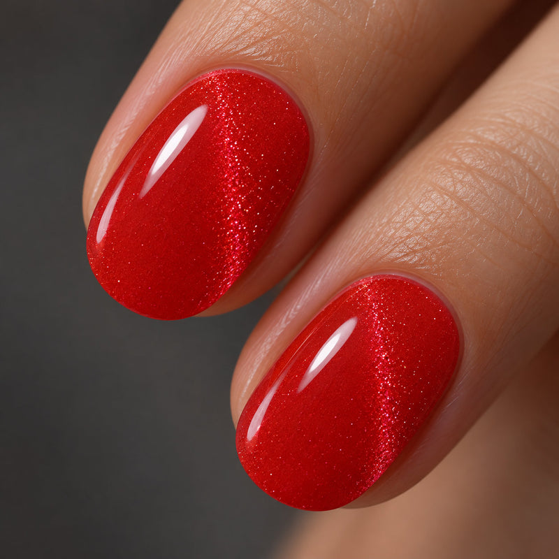 Extensiones de gel NOOVES Spicy Ruby, forma oval, imagen lifestyle